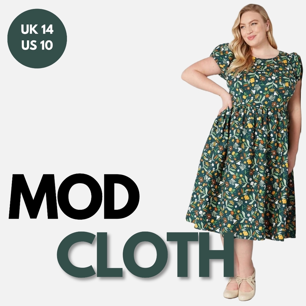 ModCloth/Collectif A Bustling of Blooms Green Swing Dress Size 14 UK / 10 US